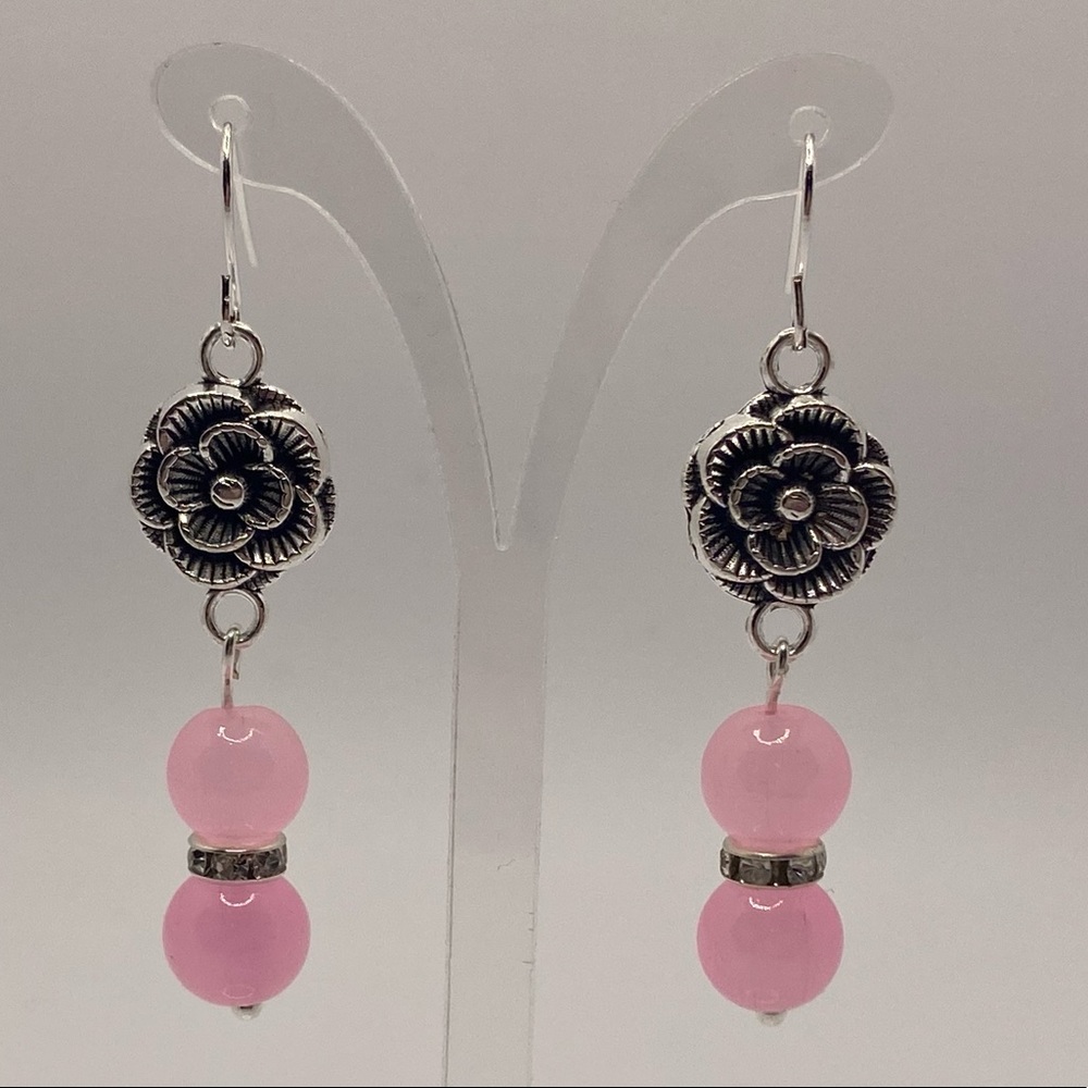 Silver Flower Drop Earring with Pink & Rhinestones | Medium Length Earrings